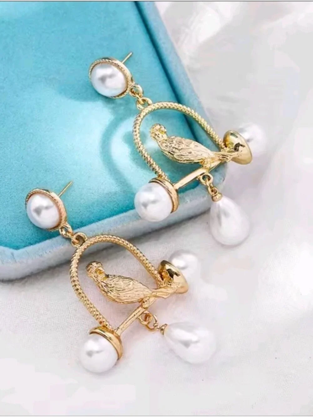 Gold tone Bird & Pearl Drop Earrings - Women Jewelry